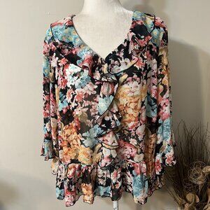 Y2K Belissimo New York Women Sheer Floral Button Up Top 3/4 Sleeve Ruffle Sz 1X
